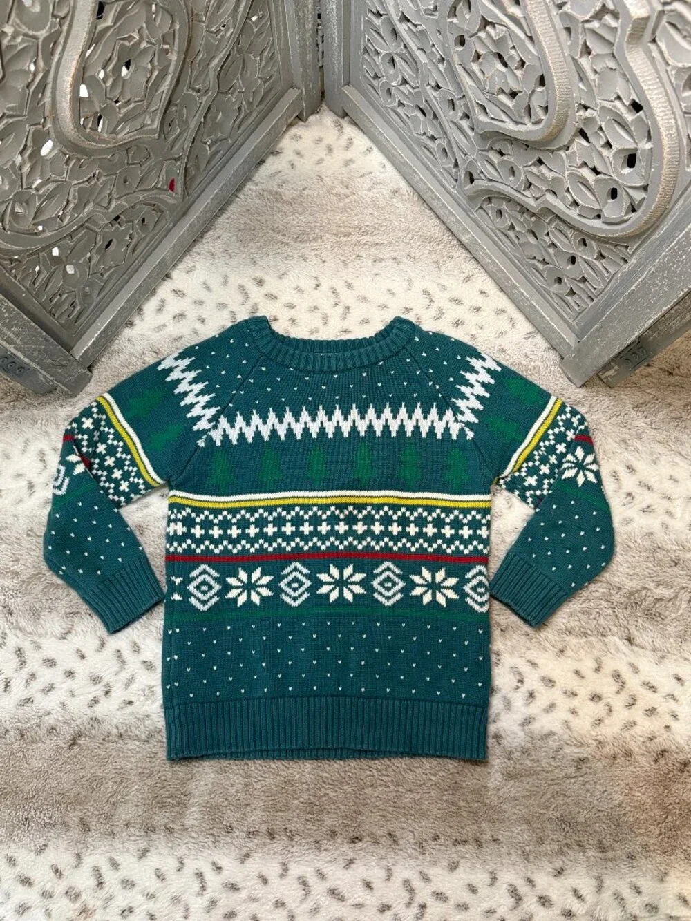 Hanna Andersson green Ugly Christmas Sweater boys 5T snowflakes trees winter